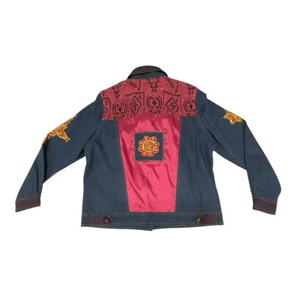 Indigo Moon Denim Chambray Medium Coat Pink Aztec Accent Purple Trim Embellish - Picture 13 of 13